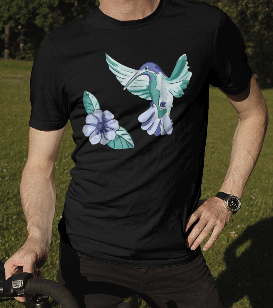 Green And Blue Hummingbird With White And Blue Flower T-Shirt