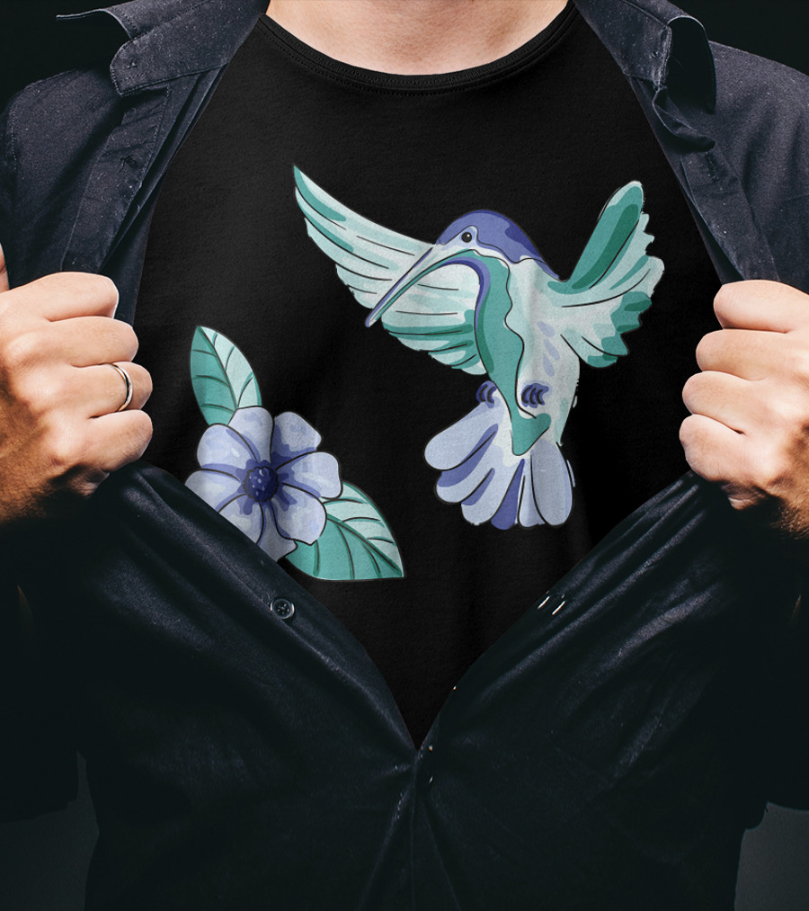 Green And Blue Hummingbird With White And Blue Flower T-Shirt