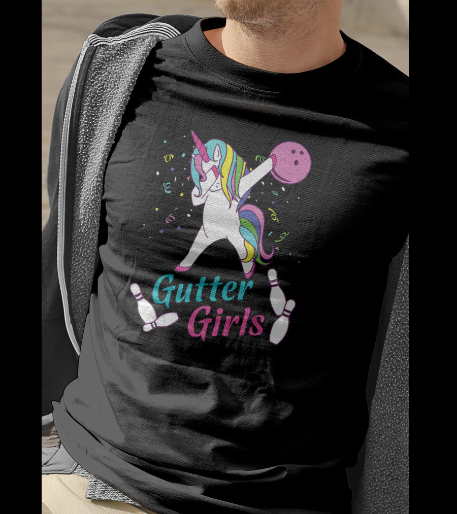 Gutter Girls Unicorn Bowling Team Dabbing Unicorn With Bowling Ball And Pins T-Shirt