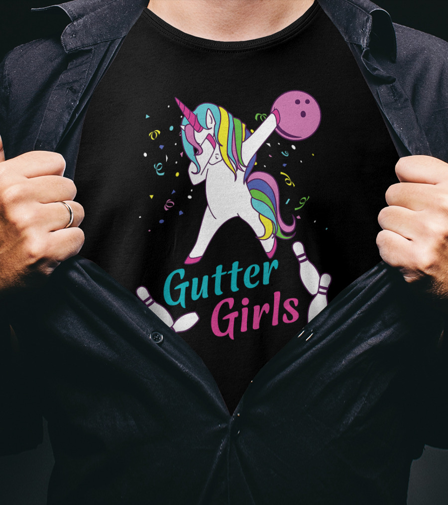Gutter Girls Unicorn Bowling Team Dabbing Unicorn With Bowling Ball And Pins T-Shirt
