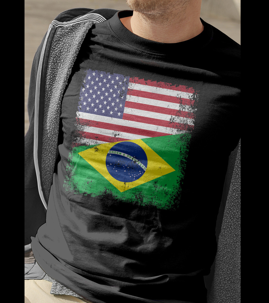 Vintage Half Brazilian Half American Flag Brazil U T-Shirt