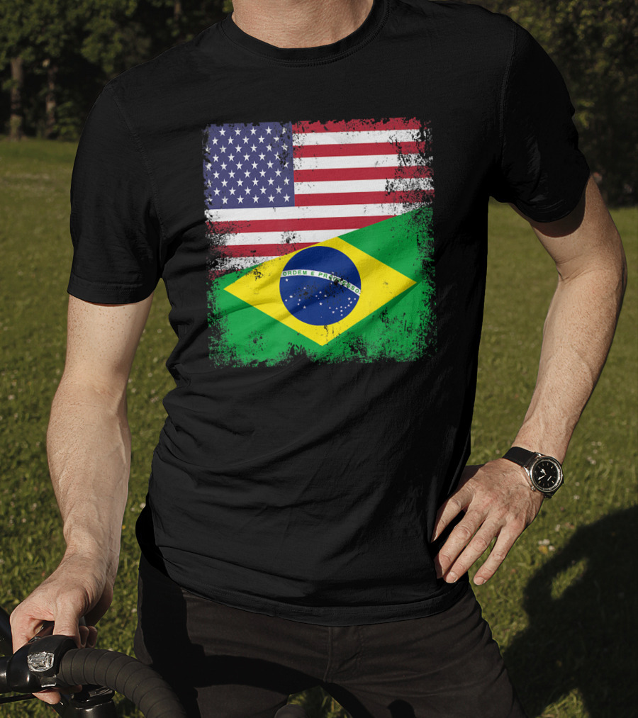 Vintage Half Brazilian Half American Flag Brazil U T-Shirt