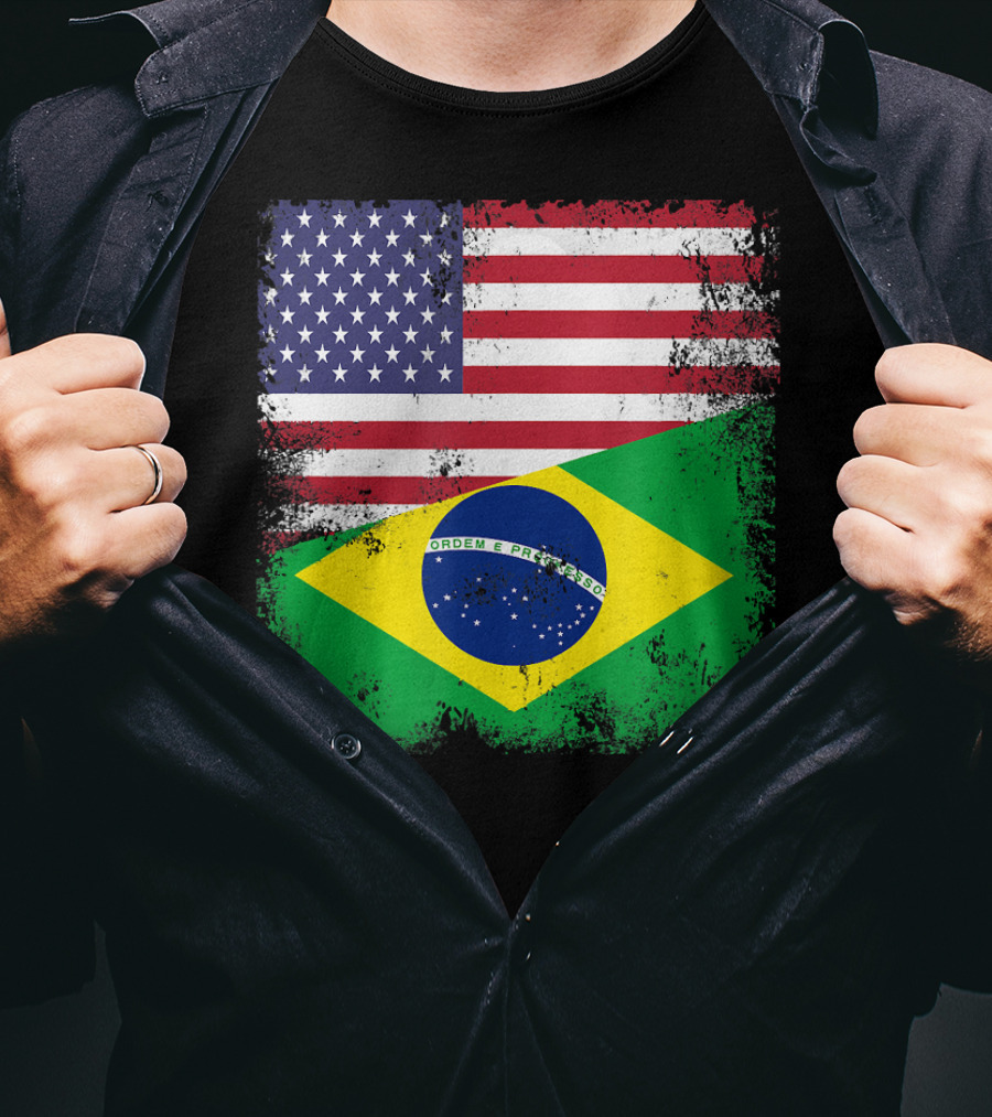Vintage Half Brazilian Half American Flag Brazil U T-Shirt