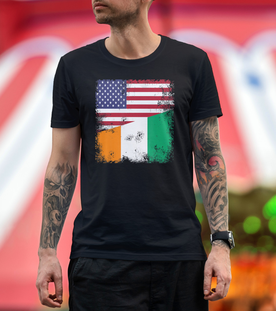 Half Ivorian Flag Vintage Cote d'I with Distressed USA Flag T-Shirt
