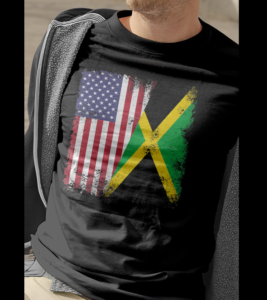 Half Jamaican Flag Vintage Jamaica U.S.A. Flag Overlay T-Shirt