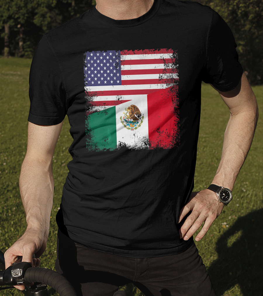 Half Mexican Flag Vintage Mexico U.S. American Flag Dual Heritage T-Shirt