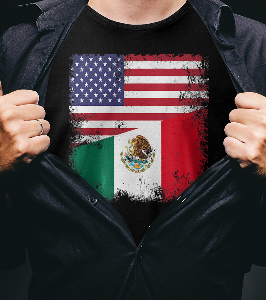 Half Mexican Flag Vintage Mexico U.S. American Flag Dual Heritage T-Shirt