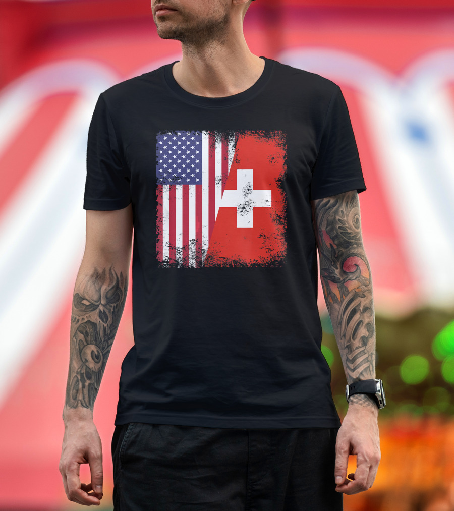 Half Swiss Flag Vintage American Swiss Flag T-Shirt