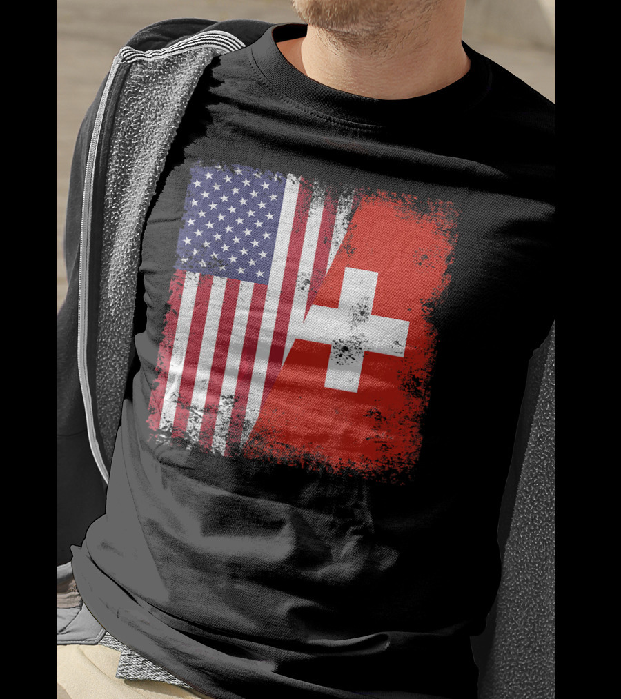 Half Swiss Flag Vintage American Swiss Flag T-Shirt