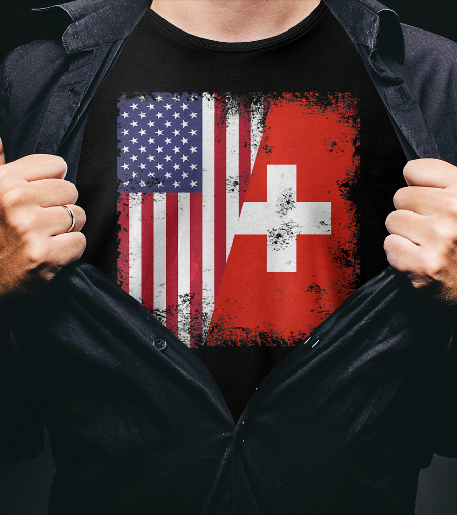 Half Swiss Flag Vintage American Swiss Flag T-Shirt
