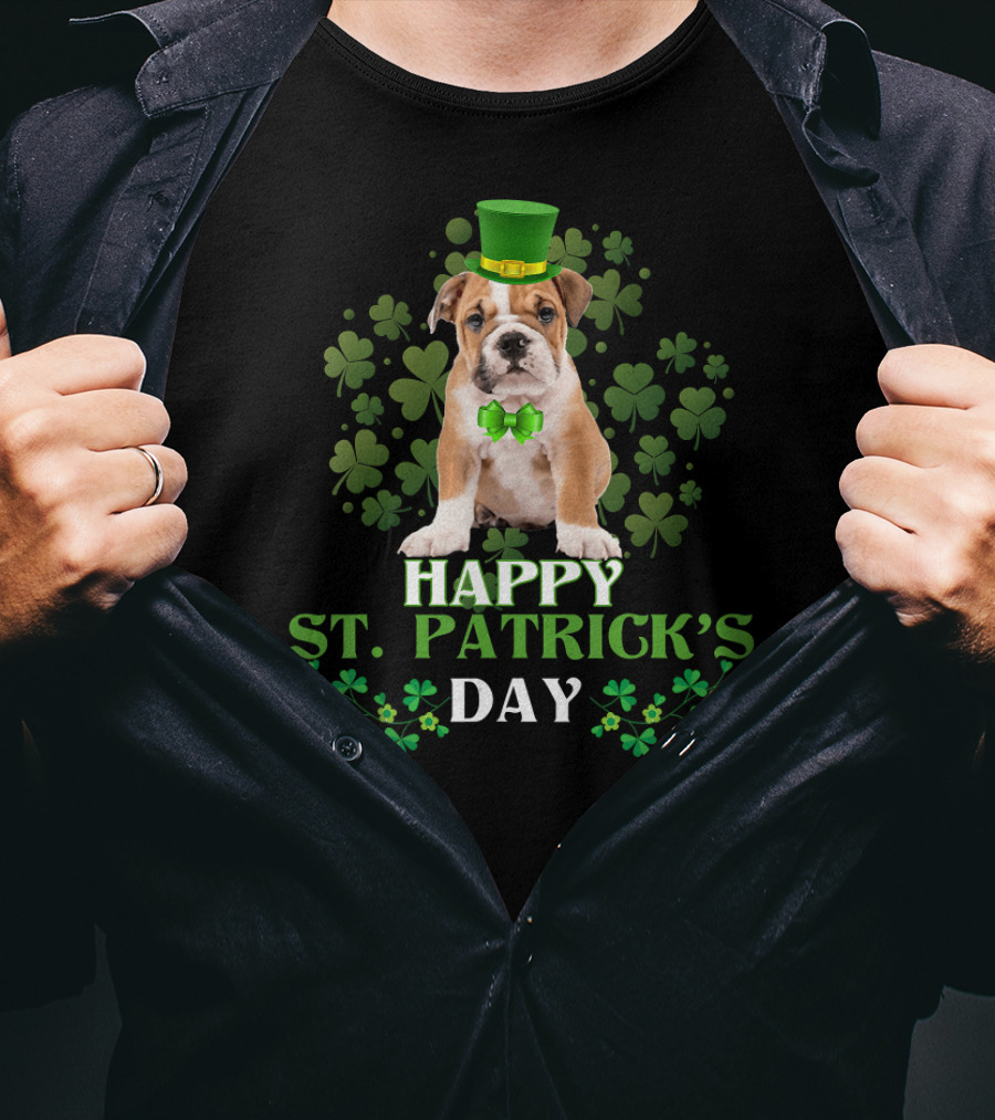 Happy St Patrick's Day Leprechaun Bulldog Green Hat Shamrock T-Shirt