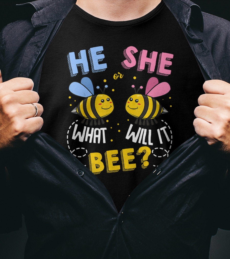 He She Or What Will It Bee Baby Party Gender Reveal Bees Blue And Pink T-Shirt