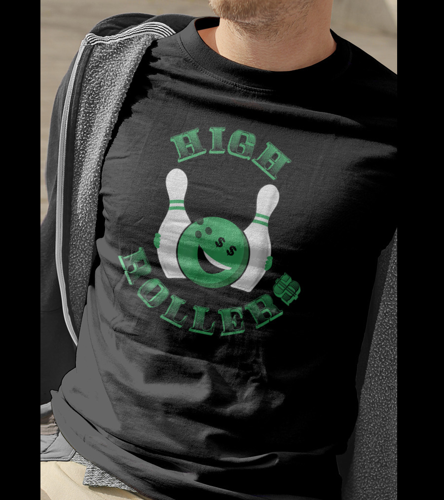High Rollers Bowling Smiley Face With Dollar Signs And Pins T-Shirt