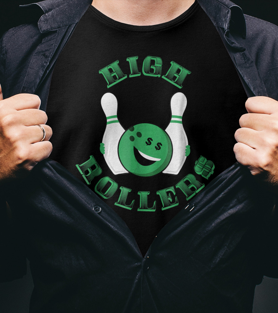 High Rollers Bowling Smiley Face With Dollar Signs And Pins T-Shirt