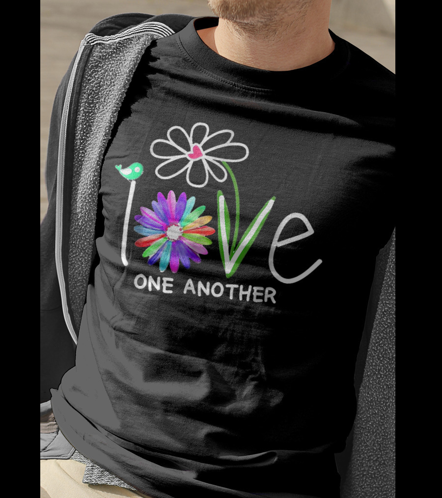 Hippie Daisy Flower Bird Love One Another Colorful Peaceful Message T-Shirt