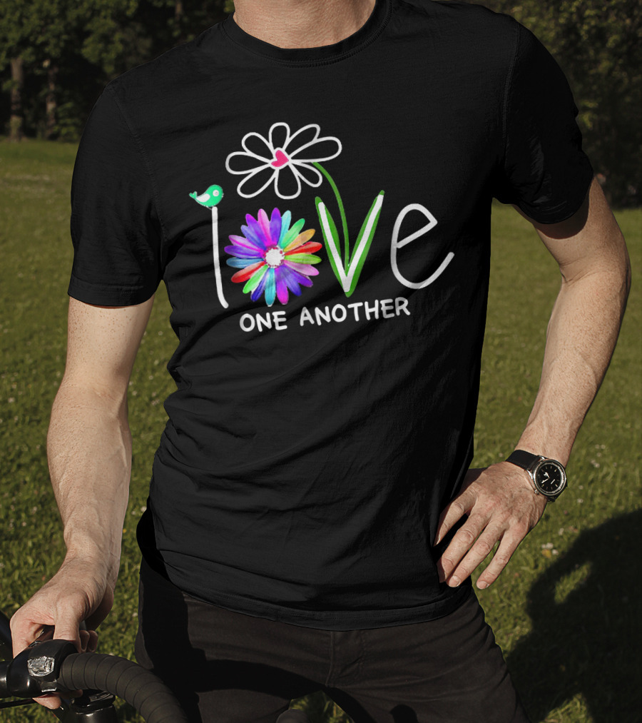 Hippie Daisy Flower Bird Love One Another Colorful Peaceful Message T-Shirt