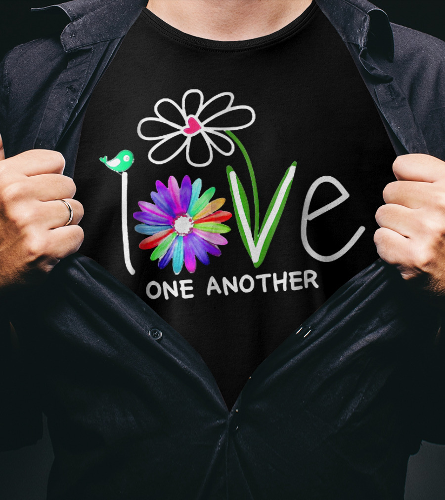Hippie Daisy Flower Bird Love One Another Colorful Peaceful Message T-Shirt