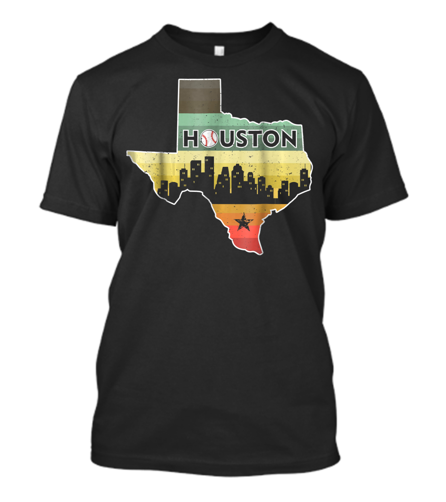 Houston Baseball Skyline With Texas Map And Retro Stripes T-Shirt