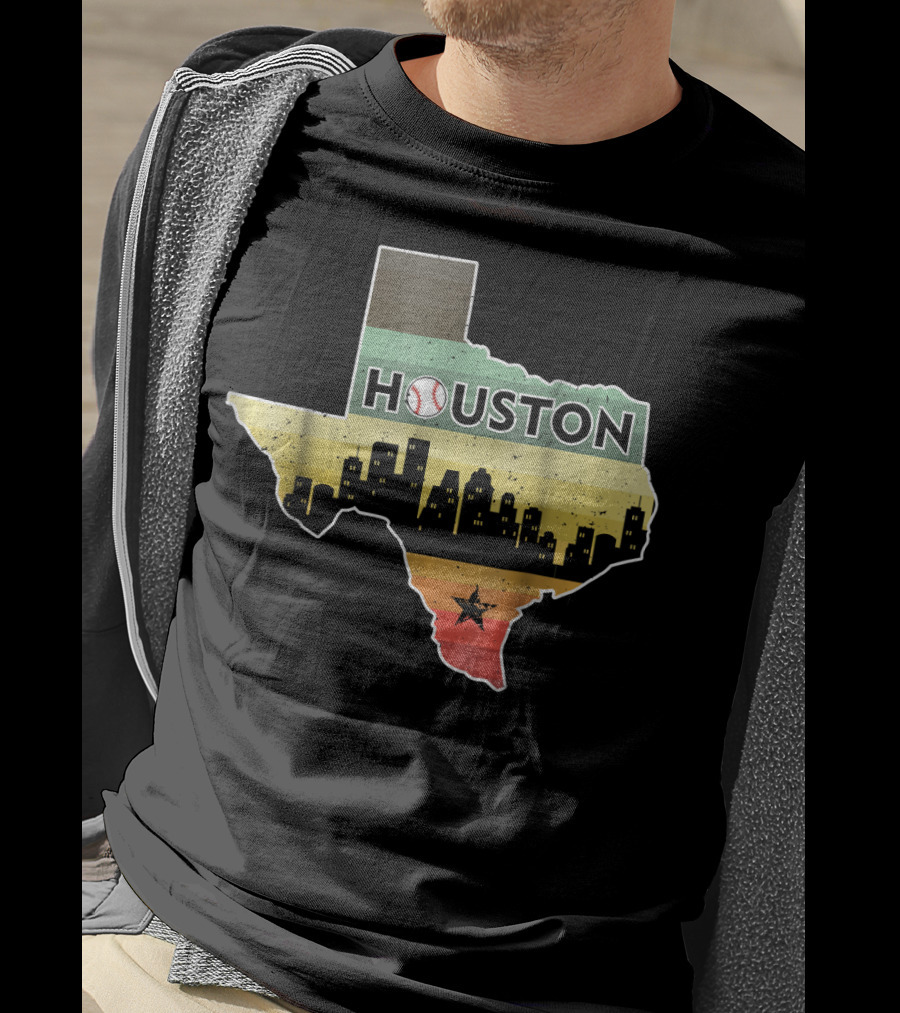 Houston Baseball Skyline With Texas Map And Retro Stripes T-Shirt