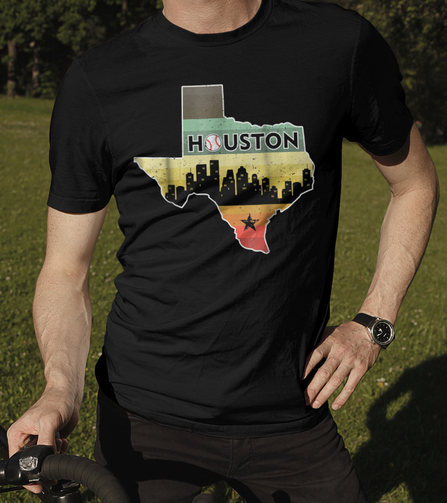 Houston Baseball Skyline With Texas Map And Retro Stripes T-Shirt
