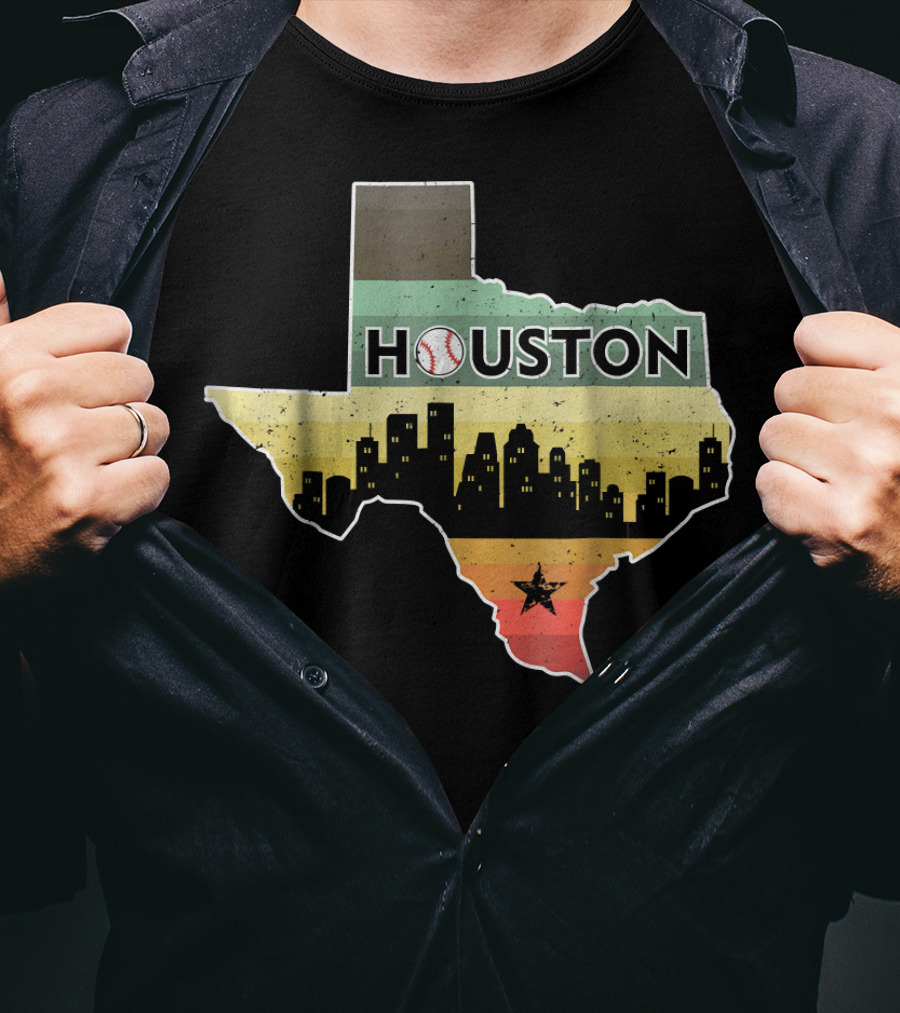 Houston Baseball Skyline With Texas Map And Retro Stripes T-Shirt