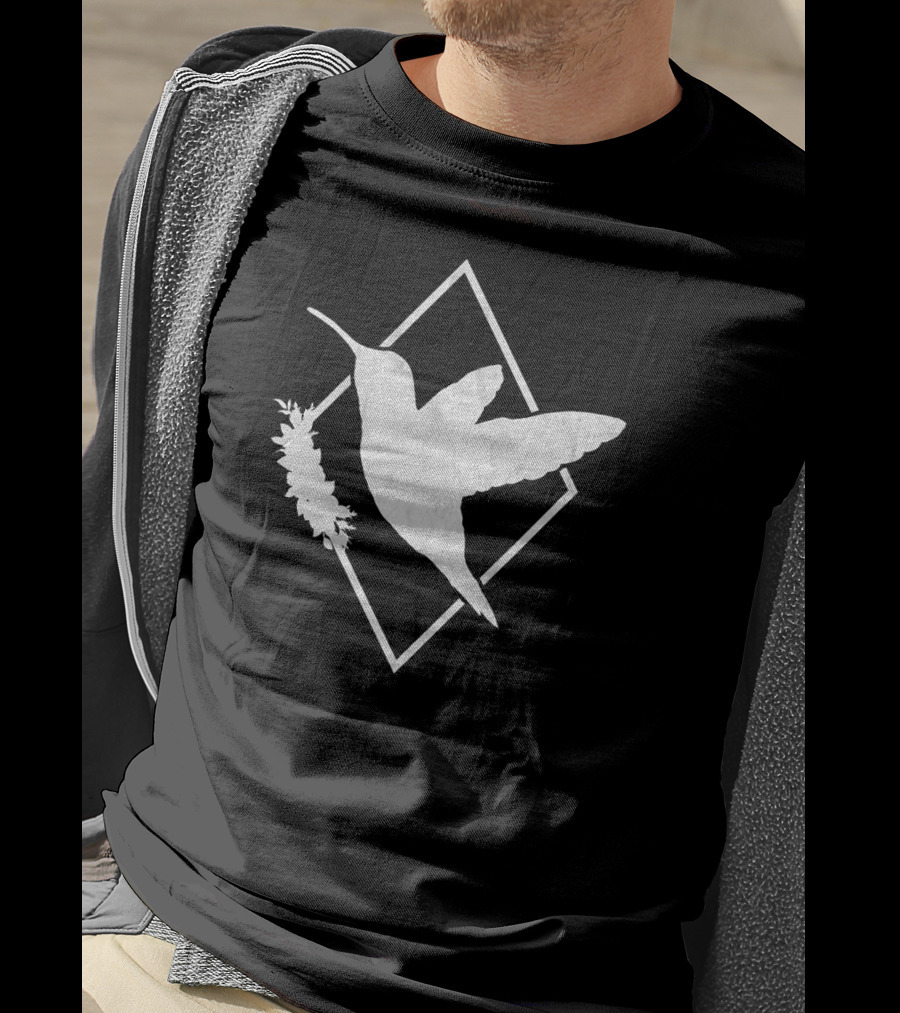 Humming Bird I Spirit Animal White Silhouette On Geometric T-Shirt