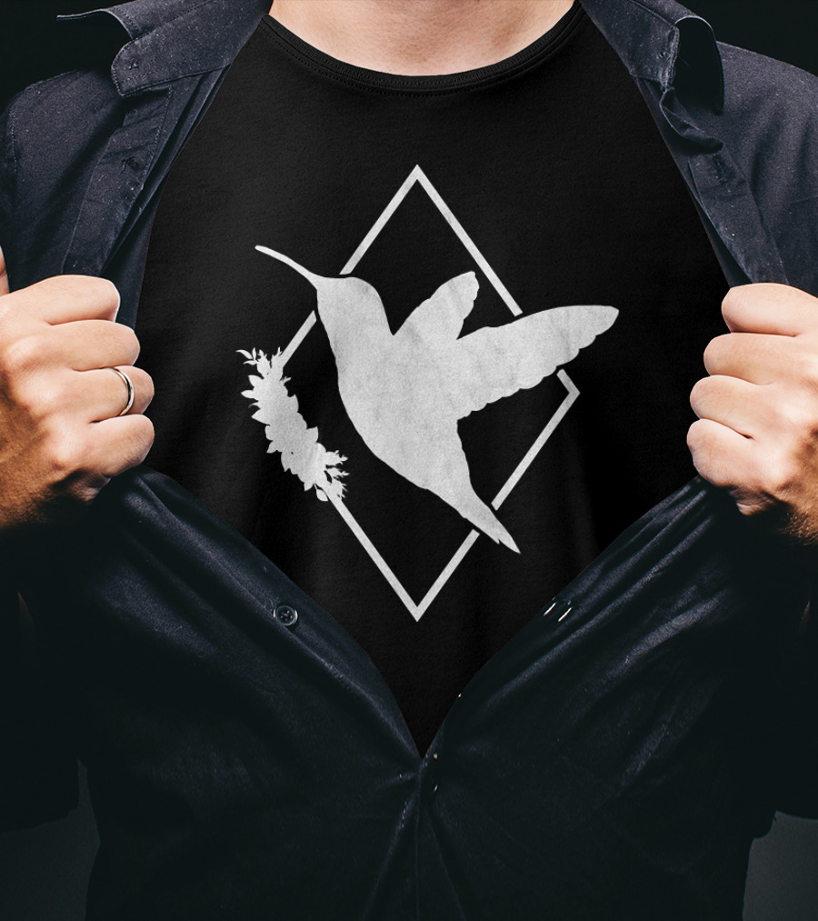 Humming Bird I Spirit Animal White Silhouette On Geometric T-Shirt