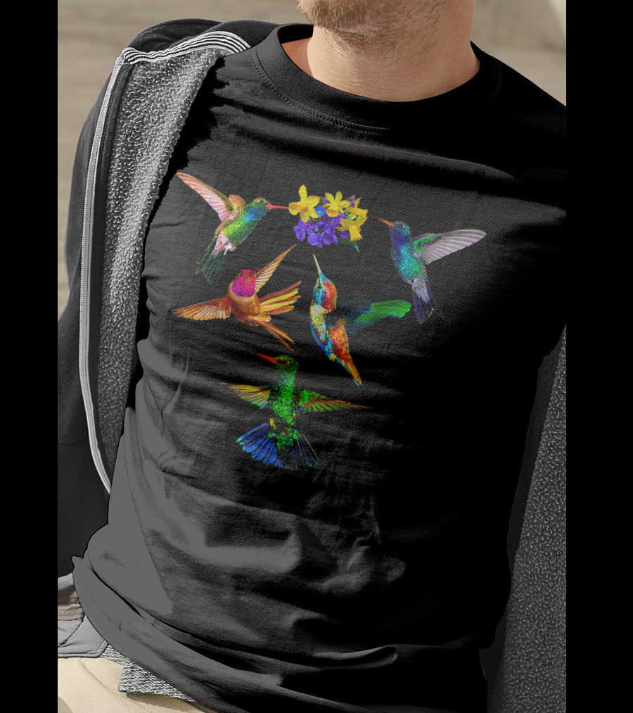 Hummingbird Lovers Colorful Birds With Flowers T-Shirt
