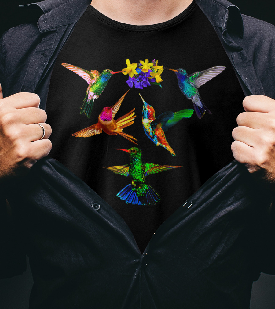 Hummingbird Lovers Colorful Birds With Flowers T-Shirt