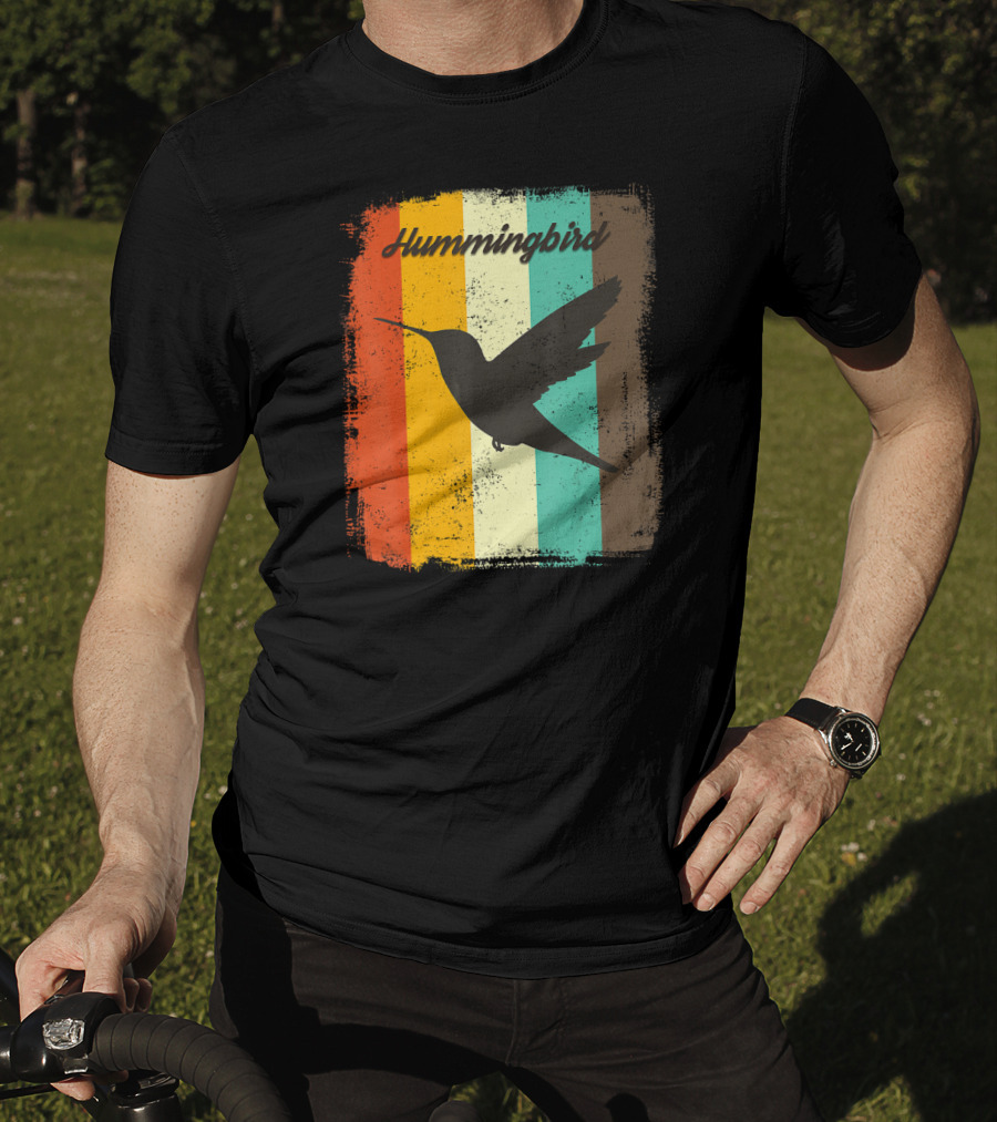 70s Vintage Hummingbird Silhouette Retro Stripes T-Shirt