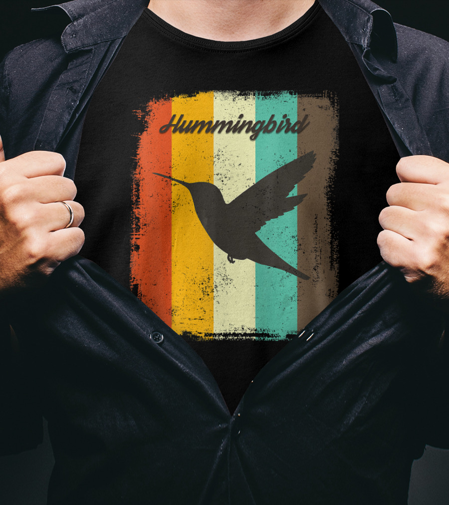 70s Vintage Hummingbird Silhouette Retro Stripes T-Shirt