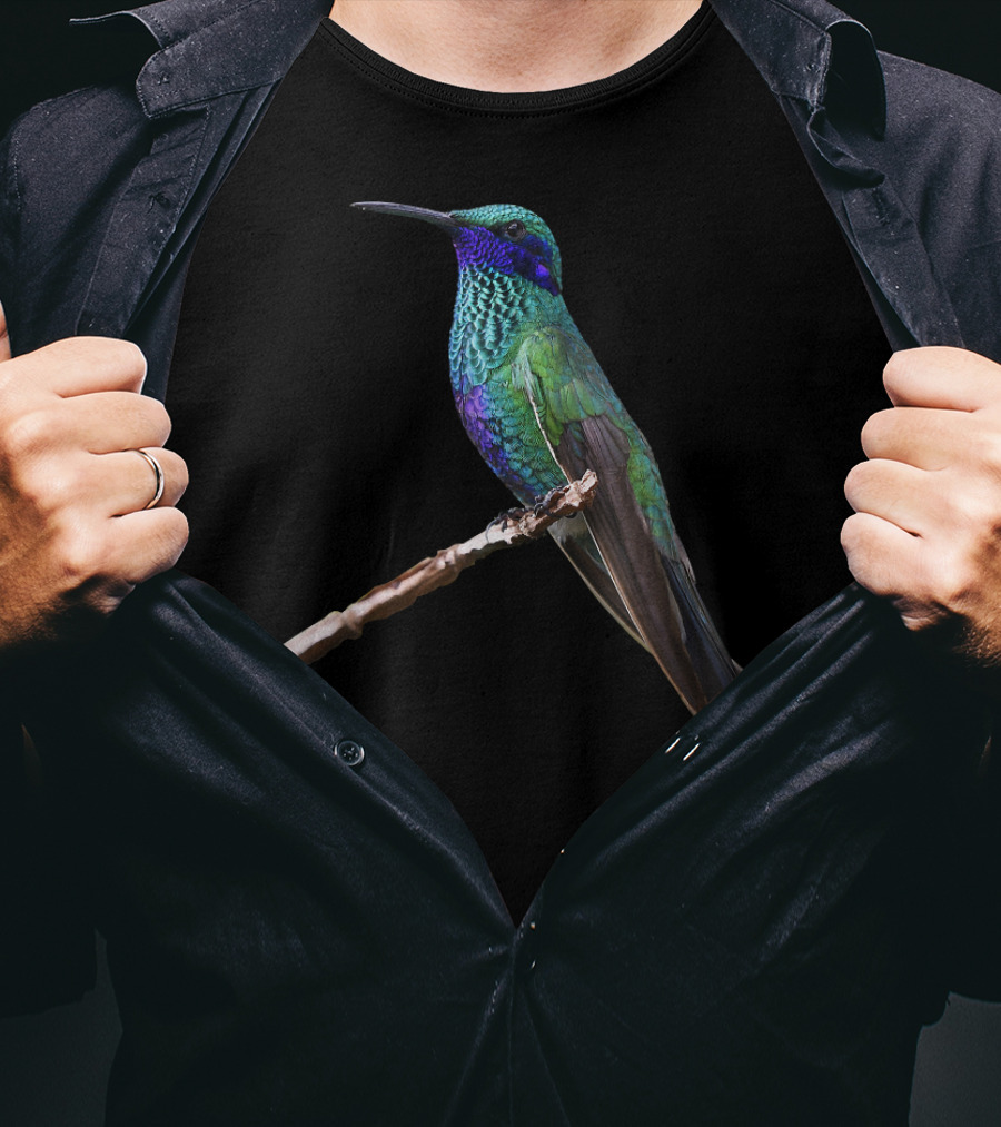 Hummingbird Bird Ornithology Vivid Green And Blue Perched Bird T-Shirt
