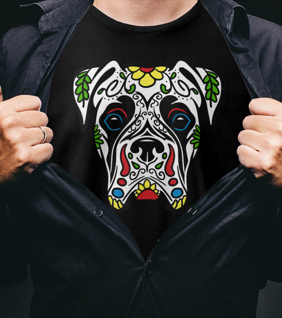 Boxer White Sugar Skull Dog Floral Mexican Día De Los Muertos T-Shirt