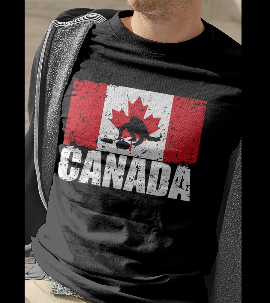 Canadian Flag Curling Silhouette Against Distressed Flag Design With Bold Canada Lettering T-Shirt