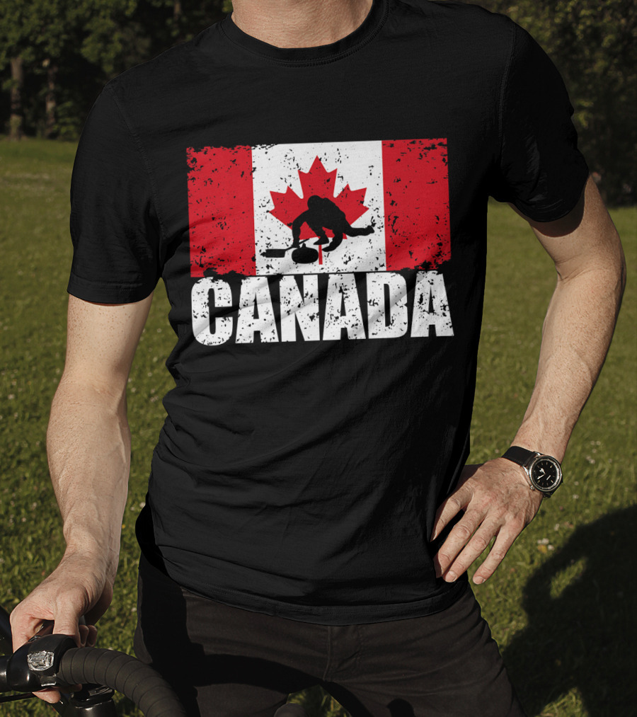 Canadian Flag Curling Silhouette Against Distressed Flag Design With Bold Canada Lettering T-Shirt