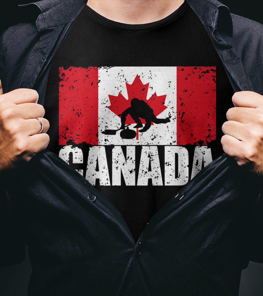 Canadian Flag Curling Silhouette Against Distressed Flag Design With Bold Canada Lettering T-Shirt