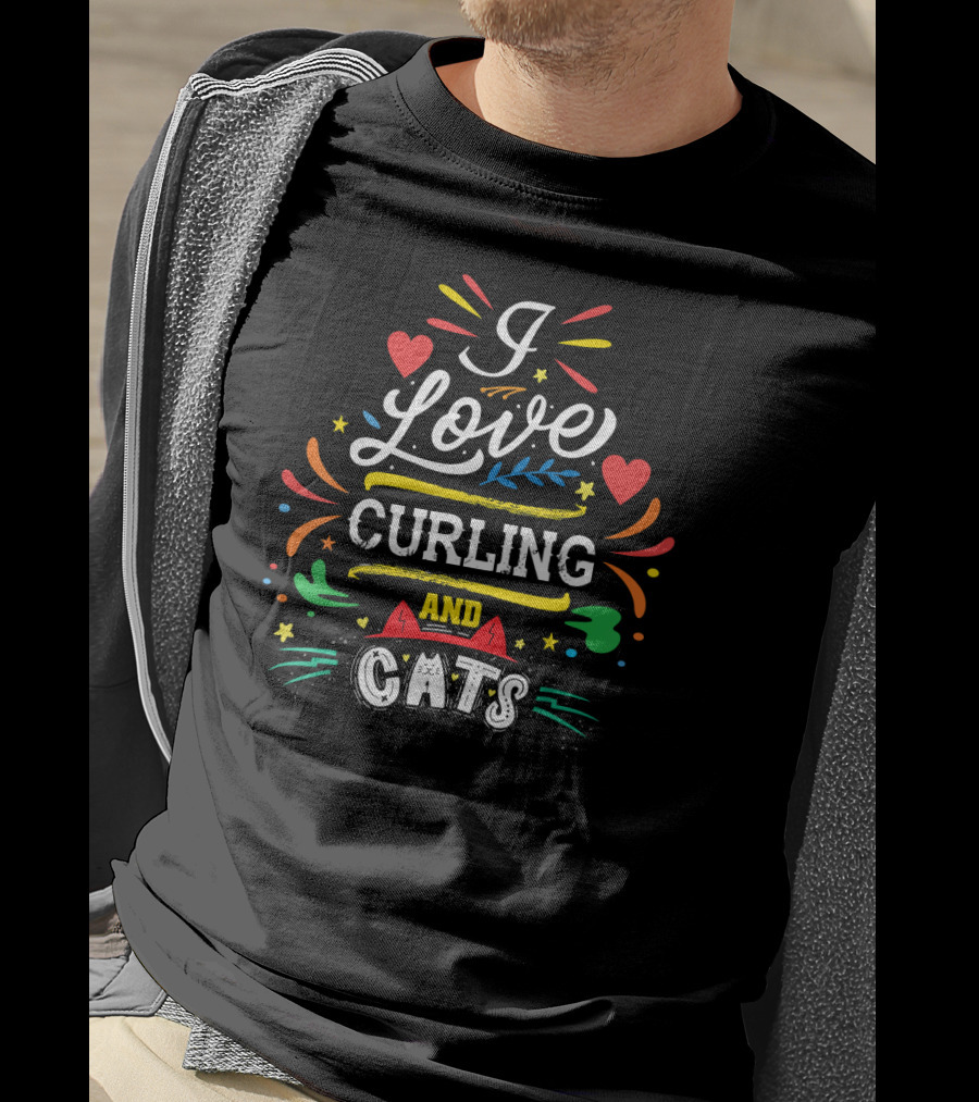 I Love Curling And Cats Colorful Heart Accents T-Shirt