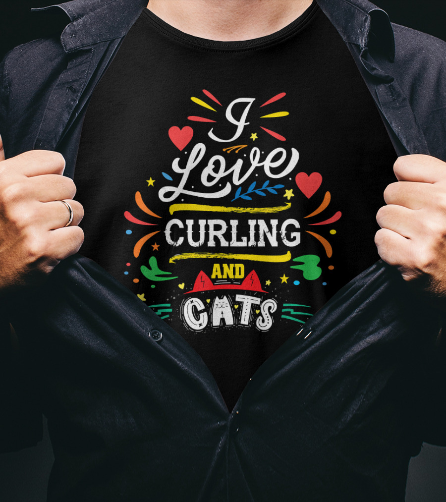 I Love Curling And Cats Colorful Heart Accents T-Shirt