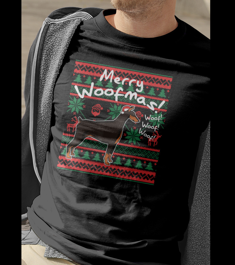Merry Woofmas Doberman Dog Woof Woof Christmas T-Shirt