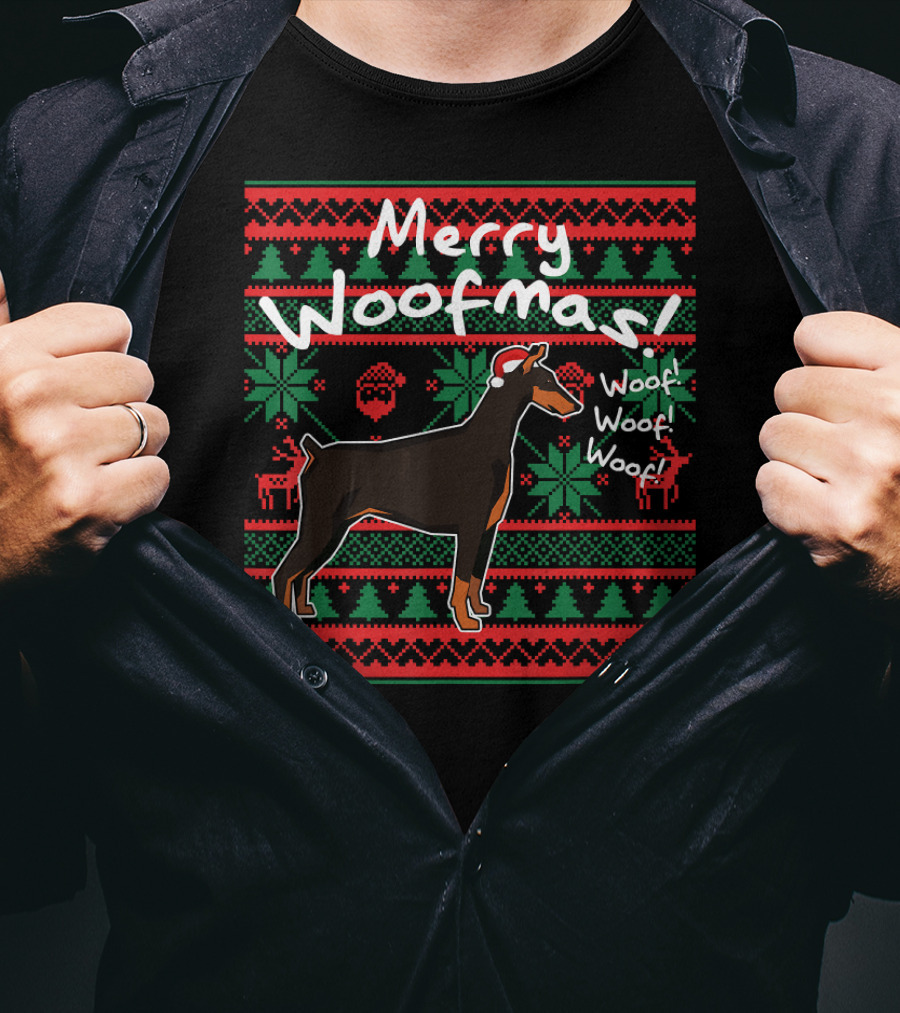Merry Woofmas Doberman Dog Woof Woof Christmas T-Shirt