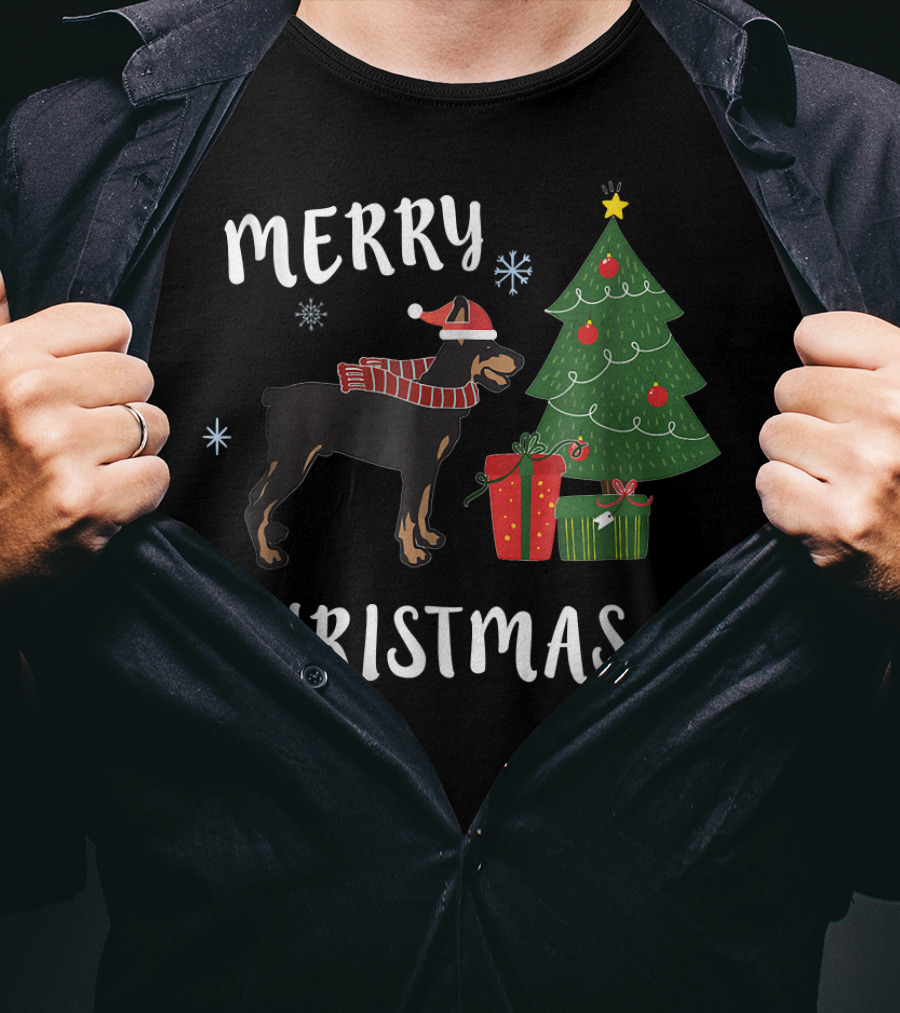Merry Christmas Doberman With Santa Hat And Christmas Tree T-Shirt