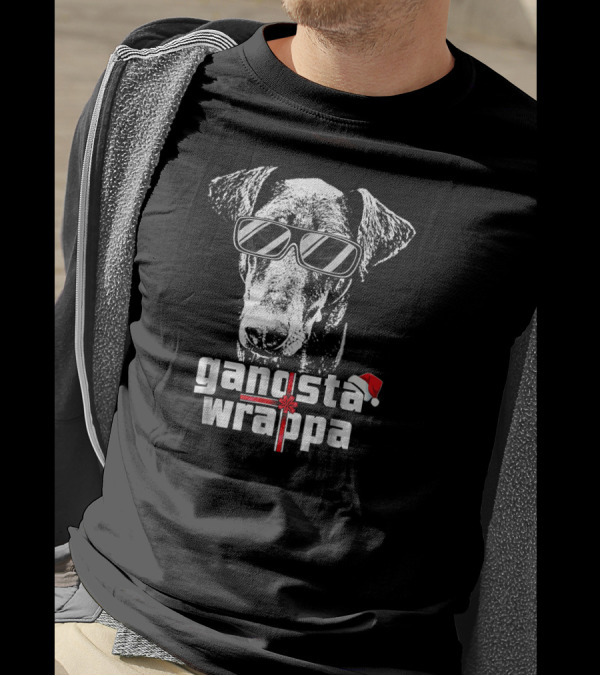 Doberman Pinscher Gangsta Wrappa Christmas Santa Hat Sunglasses T-Shirt