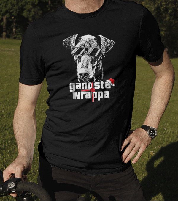 Doberman Pinscher Gangsta Wrappa Christmas Santa Hat Sunglasses T-Shirt