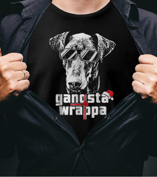 Doberman Pinscher Gangsta Wrappa Christmas Santa Hat Sunglasses T-Shirt