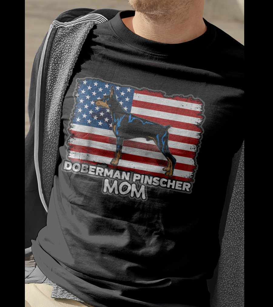 Doberman Pinscher Mom American Flag Background T-Shirt