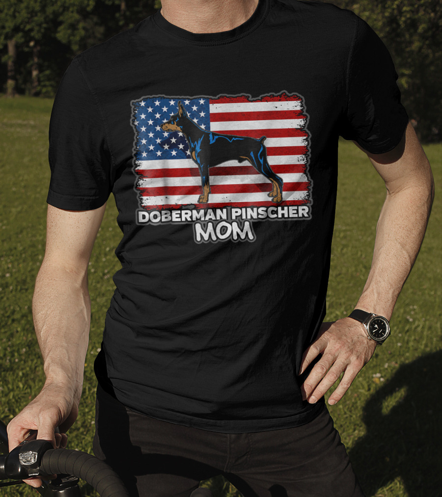 Doberman Pinscher Mom American Flag Background T-Shirt