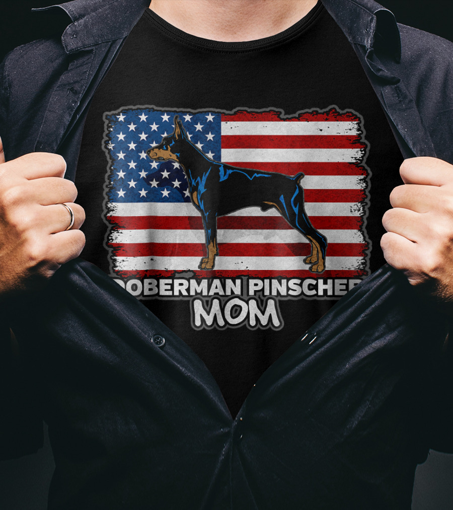 Doberman Pinscher Mom American Flag Background T-Shirt