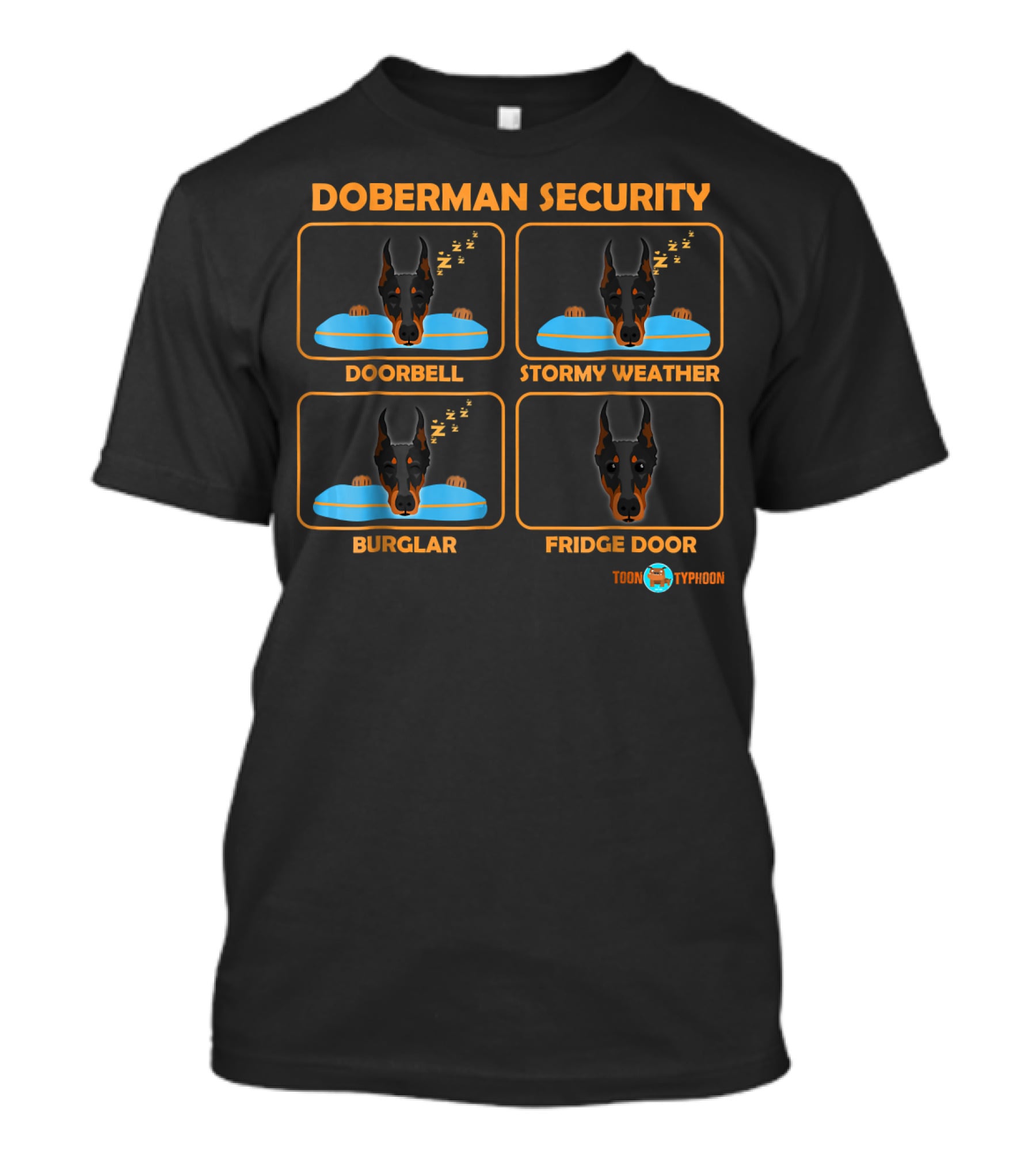 Doberman Security Doorbell Stormy Weather Burglar Fridge Door Toon Typhoon T-Shirt