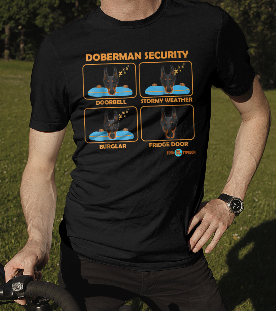 Doberman Security Doorbell Stormy Weather Burglar Fridge Door Toon Typhoon T-Shirt