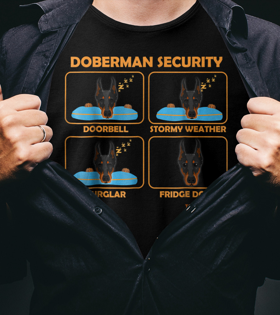 Doberman Security Doorbell Stormy Weather Burglar Fridge Door Toon Typhoon T-Shirt